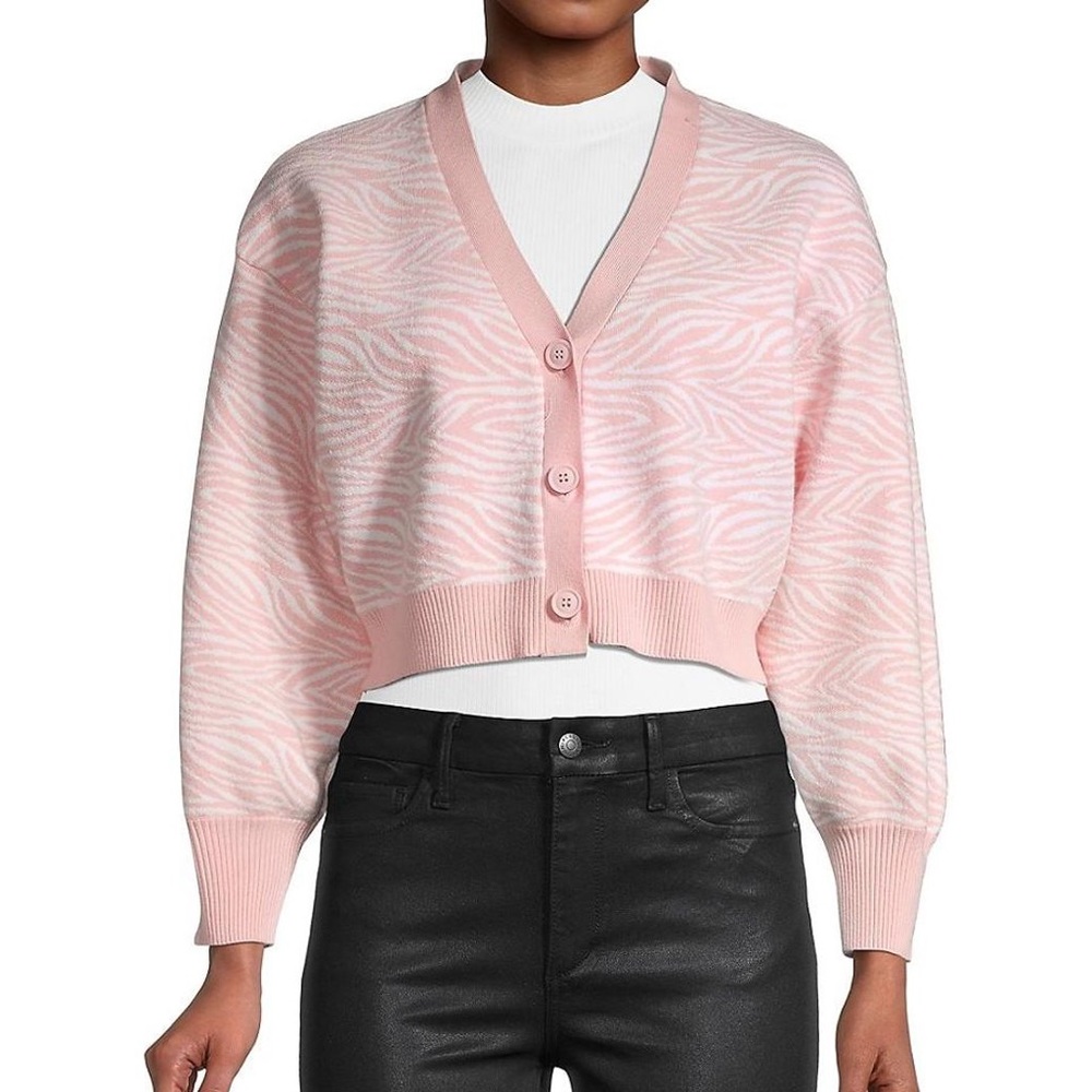 BCBG cropped pink cardigan. Size XS but can fit up to a medium.